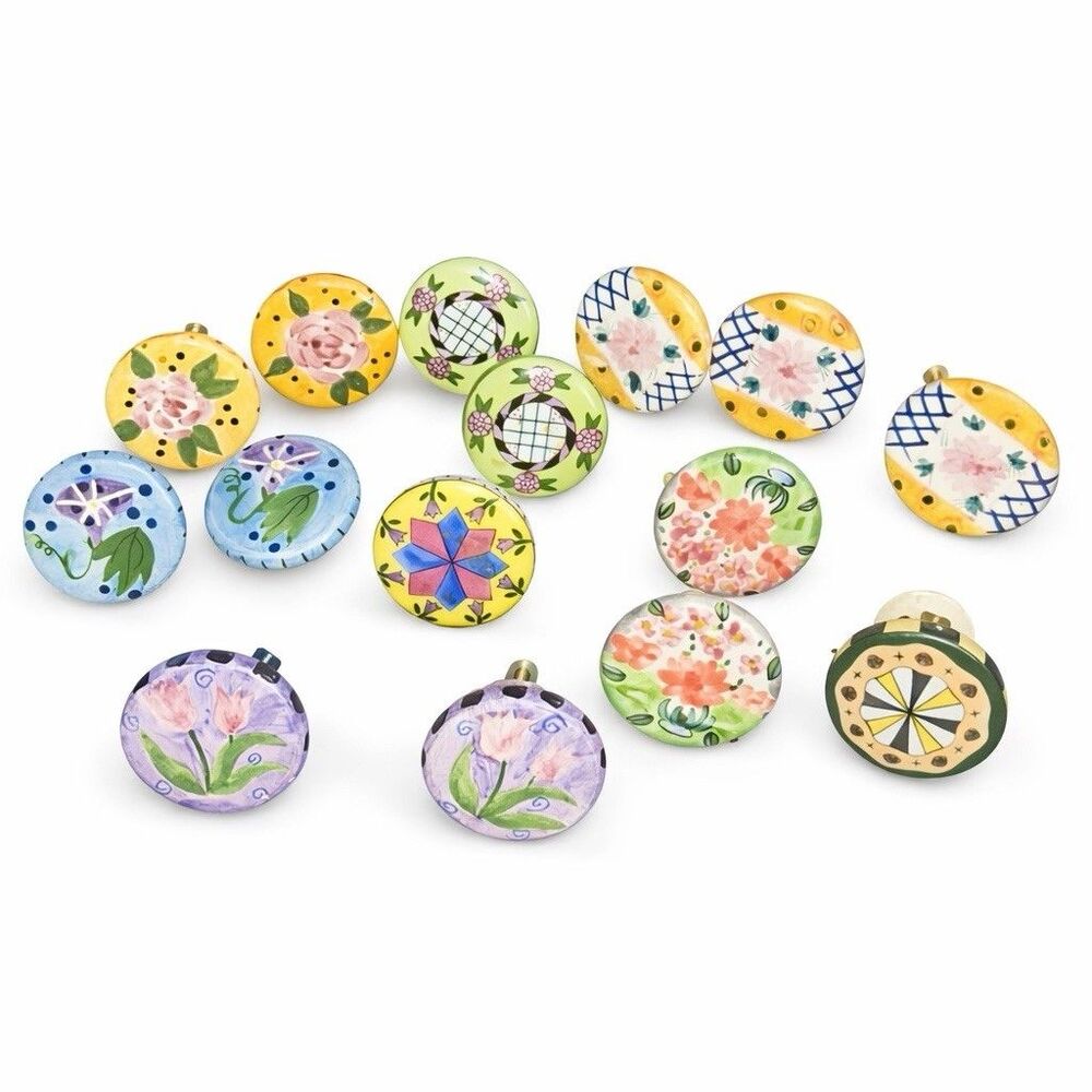 Hand Painted Ceramic Drawer Knobs Floral Cabinet Pulls w/ Screws Lot Of 15